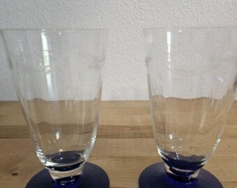 Vintage Etched Cobalt Blue Footed Glasses | Set of 2