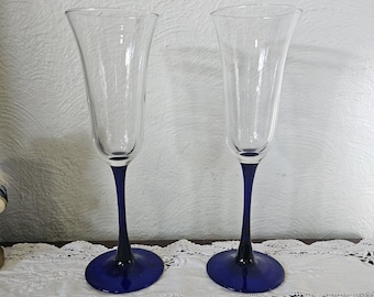 Pair of Cobalt Blue Stem Champagne Flutes — Clear Bowls with Solid Cobalt Bases