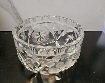 Vintage Hand Cut Crystal Bowl | Floral Starburst & Leaf Pattern | Candy Nut Trinket Bowl | 5" Round