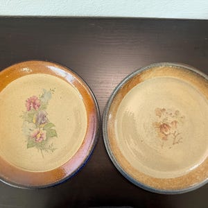 May include: Two round ceramic plates with a speckled cream center and a wide, glazed brown rim. The left plate features a colorful floral illustration of pink and purple blossoms, while the right plate displays a faded, muted brown floral design.
