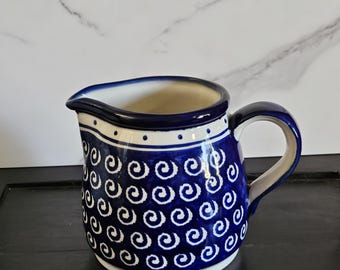 Boleslawiec Poland Pottery | Milk Jug Handmade | Blue & White Swirl