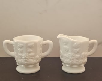 Westmoreland Milk Glass Creamer Sugar Bowl Set | Paneled Grape Pattern Vintage White Milk Glass