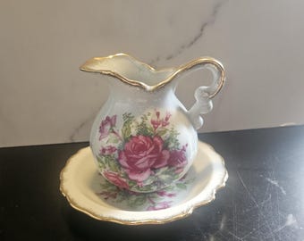 Vintage Tilso Japan Miniature Pitcher & Basin Set | Hand Painted Pink Roses with Gold Trim | Cottagecore