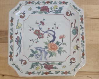 Vintage Asian-inspired Garden Porcelain Trinket Dish Square Floral Plate Gold Trim