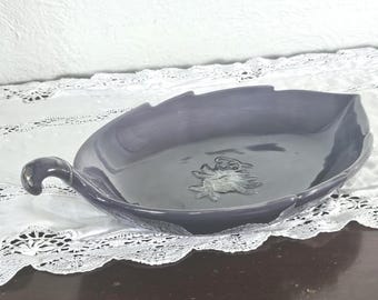 Vintage 1970s Ceramic Leaf-Form Dish with Pulled Handle & Raised Flower — Purple Glazed Studio Pottery