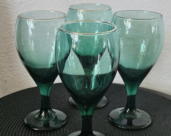 Vintage Emerald Green Wine Goblets | Hand Blown Glass Barware, Set of 4