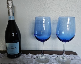 Blue Ombre Wine Glasses – Set of 2 | Hand-Blown Fade Blue Goblets | Vintage Barware