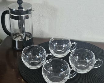 Set of 4 Clear Glass Round handblown Cups — Modern Rounded Form with Loop Handles
