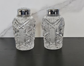 Vintage Starburst Pattern Glass Salt and Pepper Shakers | Chrome Tops