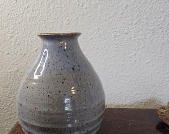 Handmade Studio Pottery Vase – Speckled Blue Glaze, Signed MS (6 in)
