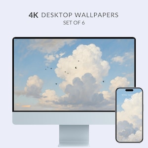 以下が含まれることがあります： パソコンモニターとスマートフォンに、白い雲と鳥が描かれた空が表示されています。「4K DESKTOP WALLPAPERS SET OF 6」というテキストがあります。携帯電話には時間と日付が表示されています。6つの壁紙のセットです。