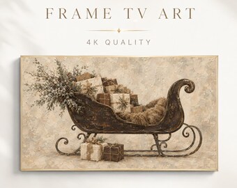Christmas Frame TV Art, Vintage Sleigh Oil Painting, Moody Rustic Holiday Neutral, Digital Download
