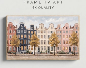 Autumn Frame TV Art, Amsterdam Canal Houses Oil Painting, Dutch Cityscape Digital Download