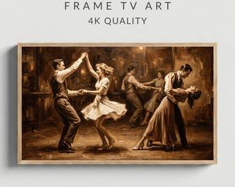 Vintage Dancing Couples Frame TV Art, Heavy Impasto Ballroom Scene, Sepia Tonalist Decor