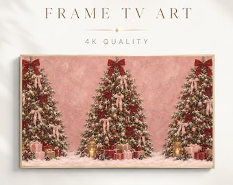 Christmas Frame TV Art, Pink Christmas Trees Red Bows Vintage Painting Coquette Digital Download