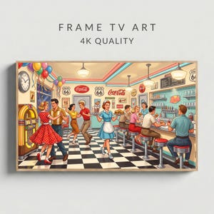 Peut inclure: Art numérique pour téléviseur Frame TV représentant un diner des années 1950 avec un sol à damier, un juke-box et des personnes dansant ou assises au comptoir. Le texte "FRAME TV ART 4K QUALITY" figure au-dessus dans une police sans empattement.
