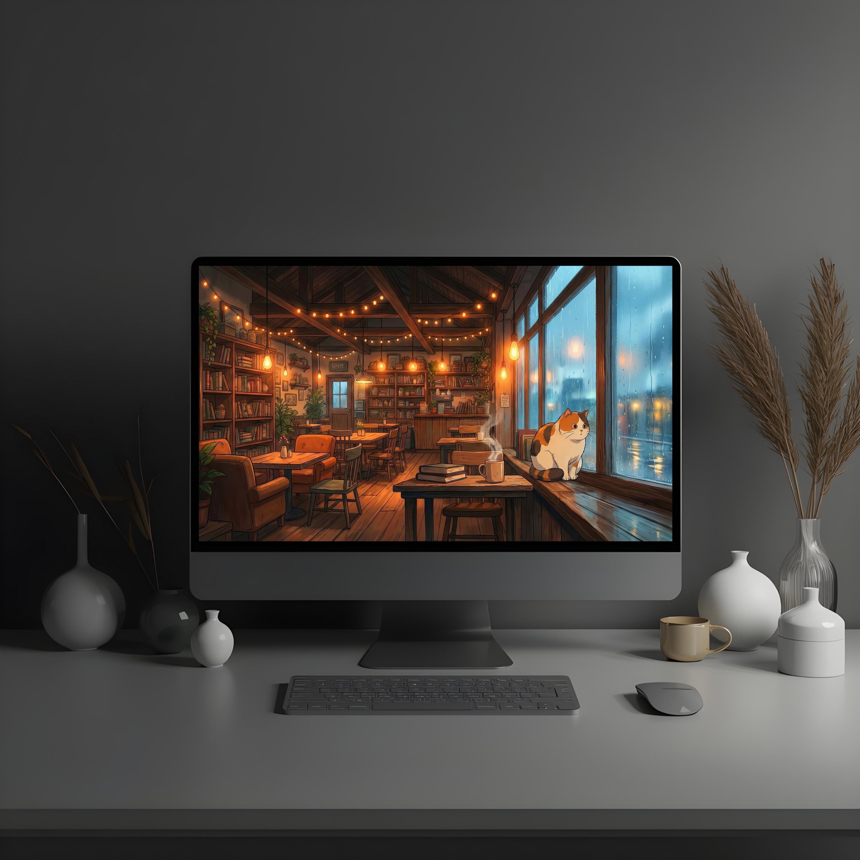 Studio Ghibli Style Cozy Rainy Cafe With Cat 4K Desktop Wallpaper, Lofi ...