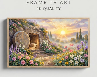 Easter Frame TV Art Resurrection Garden, Whimsical Empty Tomb Sunrise Painting (4K Download)