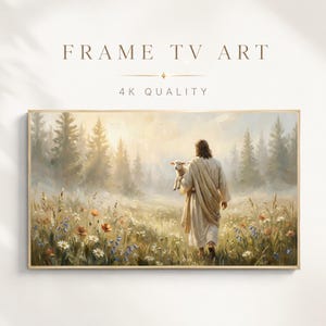 May include: Digital artwork for a Frame TV featuring a figure in a long robe walking through a meadow of wildflowers and tall pine trees while carrying a small white lamb. The text FRAME TV ART 4K QUALITY is displayed above the rectangular image.