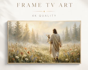 Jesus Frame TV Art, Good Shepherd Lamb Meadow, Vintage Impasto Oil Painting (Digital Download)