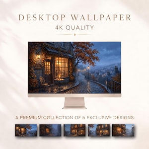 May include: A computer monitor displaying a 4K desktop wallpaper of a stone building with a glowing window, a cobblestone path, and autumn trees at dusk. Below the monitor, five smaller thumbnail versions of the wallpaper are displayed in a row.