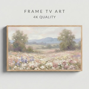 Muted Spring Meadow Frame TV Art, Pastel Wildflower Landscape Painting (4K Digital Download)