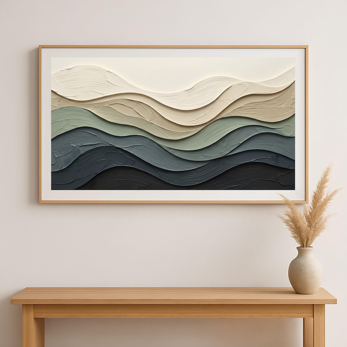 Moody Neutral & Sage Waves shown in a room