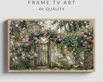 Romantic Garden Gate Frame TV Art, Pink Roses Impasto Oil Painting