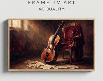 Music Frame TV Art Cello on Red Velvet Chair Art, Heavy Impasto Oil Painting