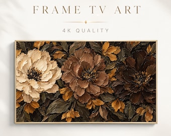 Herfstlijst voor tv-decoratie, sfeervol bloemenschilderij in olieverf met donkere herfstbloemen in impasto-techniek op canvas.