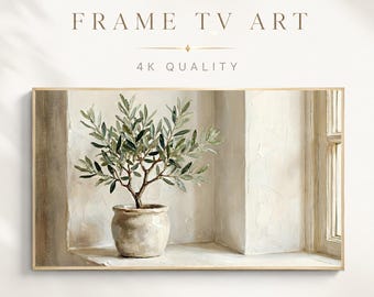 Olive Tree Oil Painting Frame TV Art, Neutral Botanical Mediterranean TV Wallpaper