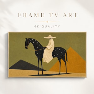 Puede incluir: Arte digital para televisor tipo marco que muestra a una persona con sombrero de ala ancha y túnica color crema montando un caballo negro decorado con estrellas y círculos blancos. Fondo de paisaje desértico con pirámides color mostaza.