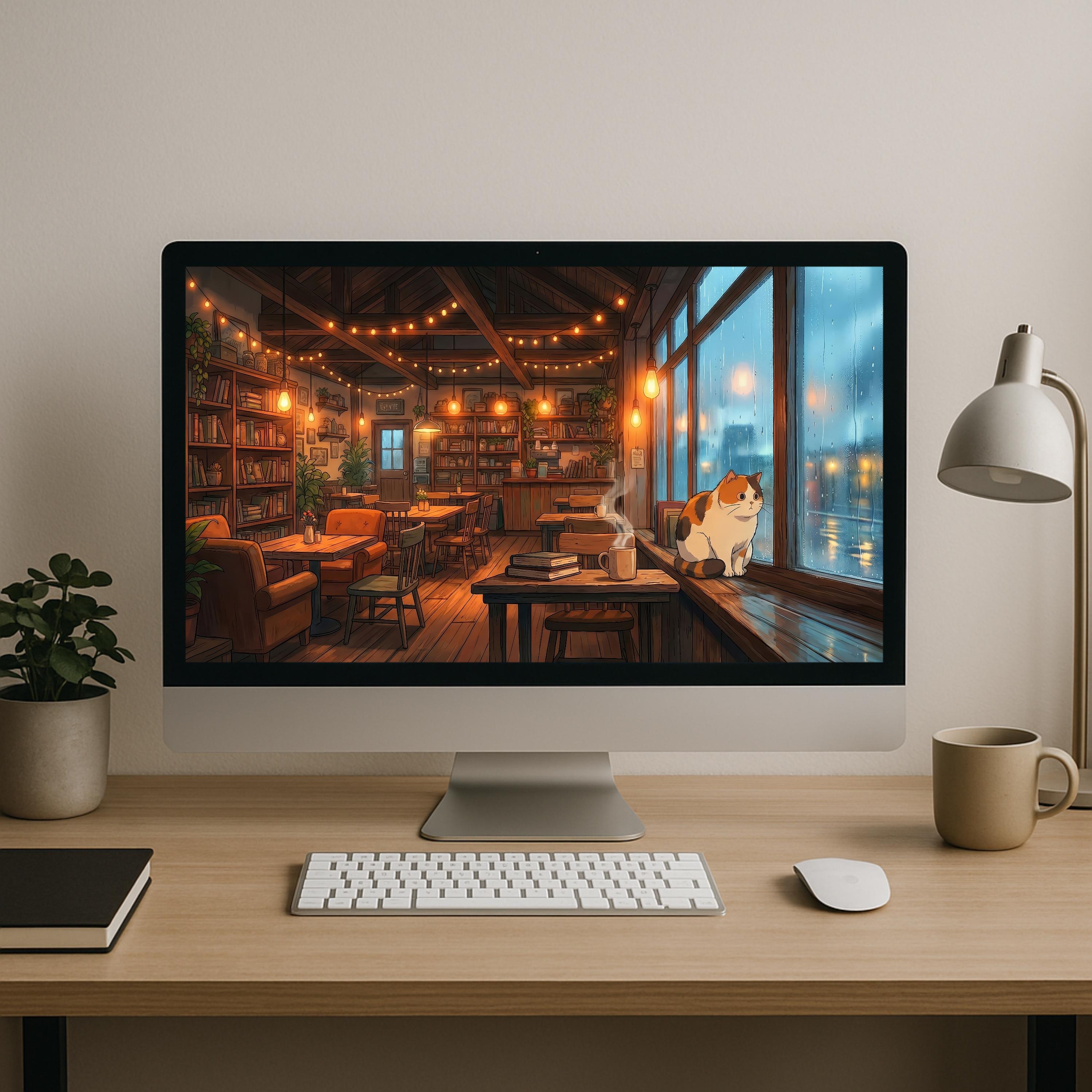 Studio Ghibli Style Cozy Rainy Cafe With Cat 4K Desktop Wallpaper, Lofi ...