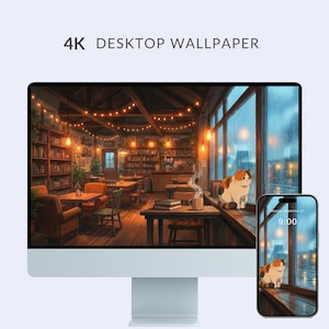 May include: A digital illustration of a cozy cafe scene, displayed on a computer monitor and a smartphone. The scene features a cat by a window, bookshelves, tables, and string lights. The text "4K DESKTOP WALLPAPER" is at the top.