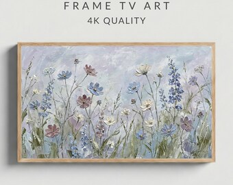 Pastel Wildflower Meadow Frame TV Art, Purple Cosmos Impasto Oil Painting (4K Digital Download)