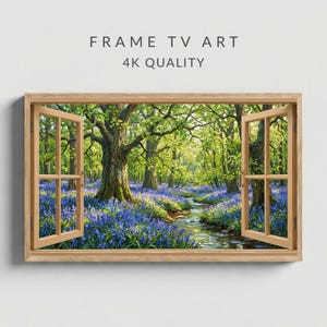 May include: A framed digital art piece depicting a vibrant forest scene. The artwork shows a view through an open window, revealing a stream, blue flowers, and lush green trees. The text "FRAME TV ART" and "4K QUALITY" are displayed at the top.