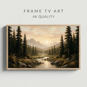 May include: A framed landscape painting featuring a river winding through a forest and mountains under a sunset sky. The artwork is in a wooden frame and includes the text "FRAME TV ART" and "4K QUALITY". The color palette includes greens, browns, and oranges.