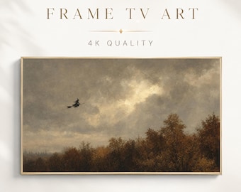 Halloween Frame TV Art, Flying Witch Autumn Landscape, Moody Vintage Oil Painting