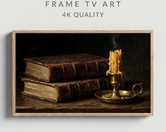 Dark Academia Books Candle Frame TV Art, Antique Cracked Oil Painting