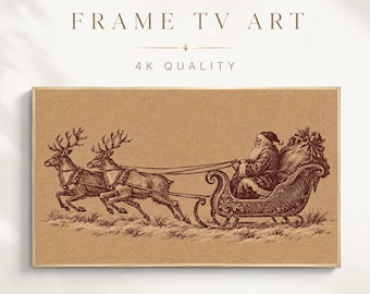 Christmas Frame TV Art, Vintage Santa Sleigh Reindeer Engraving, Kraft Paper Holiday Screensaver