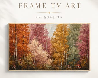 Herfstlijst voor tv, kleurrijk herfstbos olieverfschilderij, boslandschap digitale download