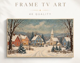 Christmas Frame TV Art, Vintage Winter Village Oil Painting, Snowy Church Cottage Holiday Digital Download