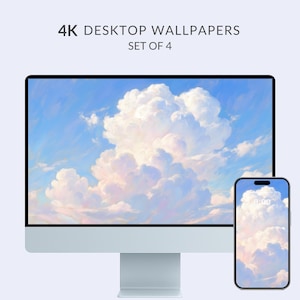 May include: A desktop computer and smartphone display a cloudscape wallpaper against a light purple background. The computer screen shows a large, fluffy cloud formation in a blue sky. The smartphone displays the same image. Text at the top reads "4K DESKTOP WALLPAPERS SET OF 4."