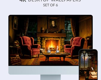 May include: A computer monitor and smartphone display a cozy interior scene with a fireplace, red armchairs, and a coffee table. The text "4K DESKTOP WALLPAPERS SET OF 6" is at the top. The smartphone shows a similar scene.
