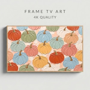 May include: Digital Frame TV art featuring a repeating pattern of pumpkins in various colors including orange, sage green, light blue, and cream. The artwork has a thick, textured impasto paint style with visible brushstrokes throughout the composition.