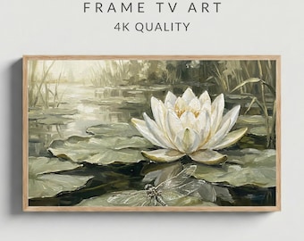 Arte de Spring Frame TV, pintura al óleo de nenúfares blancos, estanque de libélulas, arte vintage