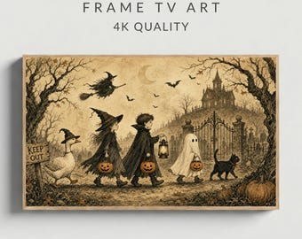 Halloween Frame TV Art, Vintage Storybook Trick-or-Treat Parade, Muted Sepia Ink Illustration