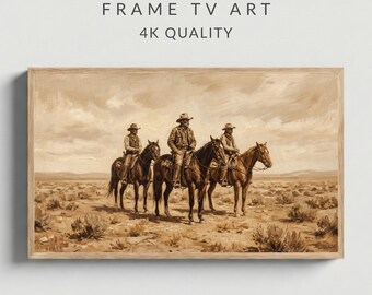 Wilde westen cowboys frame tv-kunst vintage sepya woestijnscène, zwaar impasto-olieverfschilderij 4K, rustiek westers decor