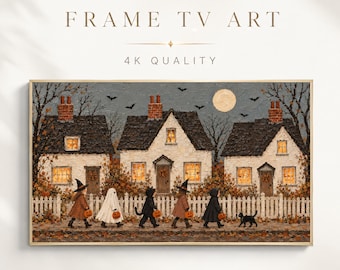 Cadre d'Halloween, Décoration TV, Défilé d'enfants pour la chasse aux bonbons, Peinture d'art populaire : sorcière, fantôme et chat noir