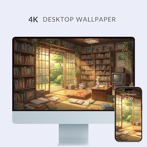 May include: A digital illustration of a cozy library scene, displayed on a computer monitor and a smartphone. The scene features bookshelves, open books, and a view of a garden through a sliding door. The text "4K DESKTOP WALLPAPER" is at the top.